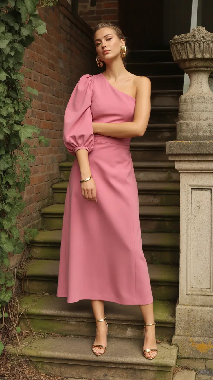 spring wedding guest outfit 2026 Rosy One-Shoulder Ease for a Romantic Spring Mood
