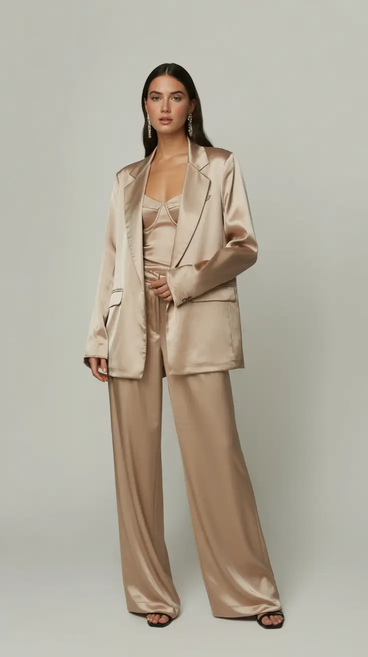spring wedding guest outfit 2026 Champagne Satin for a Classy Chic Evening Moment