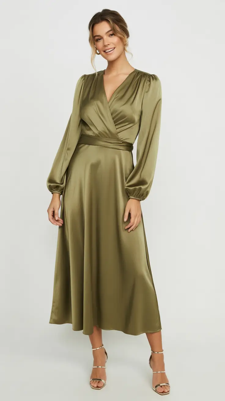 spring wedding guest outfit 2026 Olive Satin Simplicity for a Cool Early-Spring Ceremony