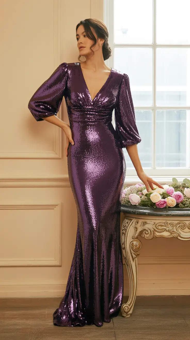 spring wedding guest outfit 2026 Deep Violet Sparkle for Spring Evenings Indoors