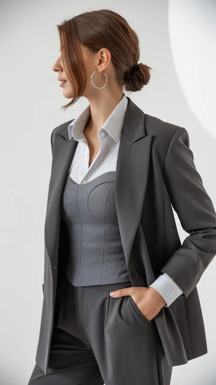 spring work outfits 2026 Steely Gray Structure With a Modern Corset