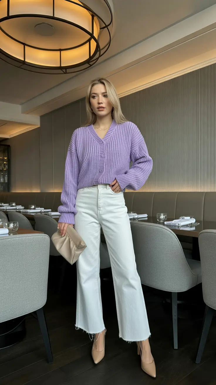 winter to spring outfits 2026 Soft Lavender Knits with Clean White Denim