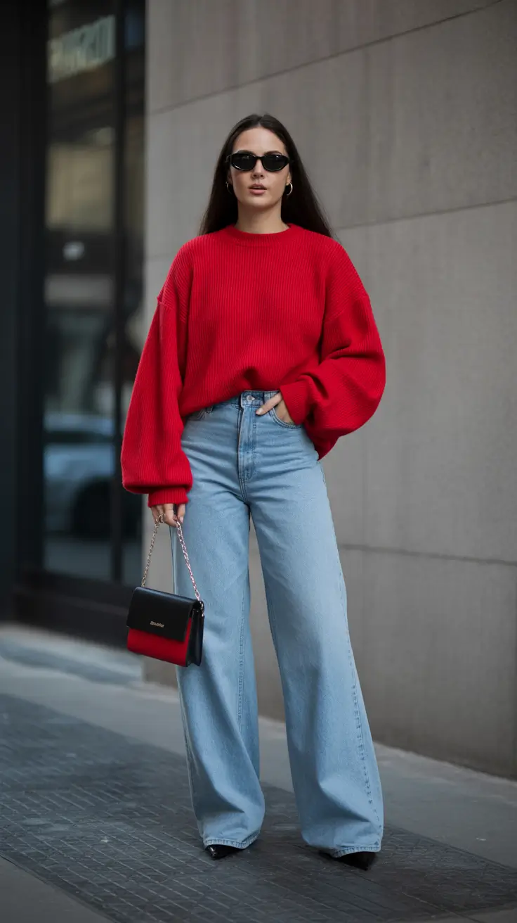 winter to spring outfits 2026 Cherry Red Knit with Wide-Leg Denim