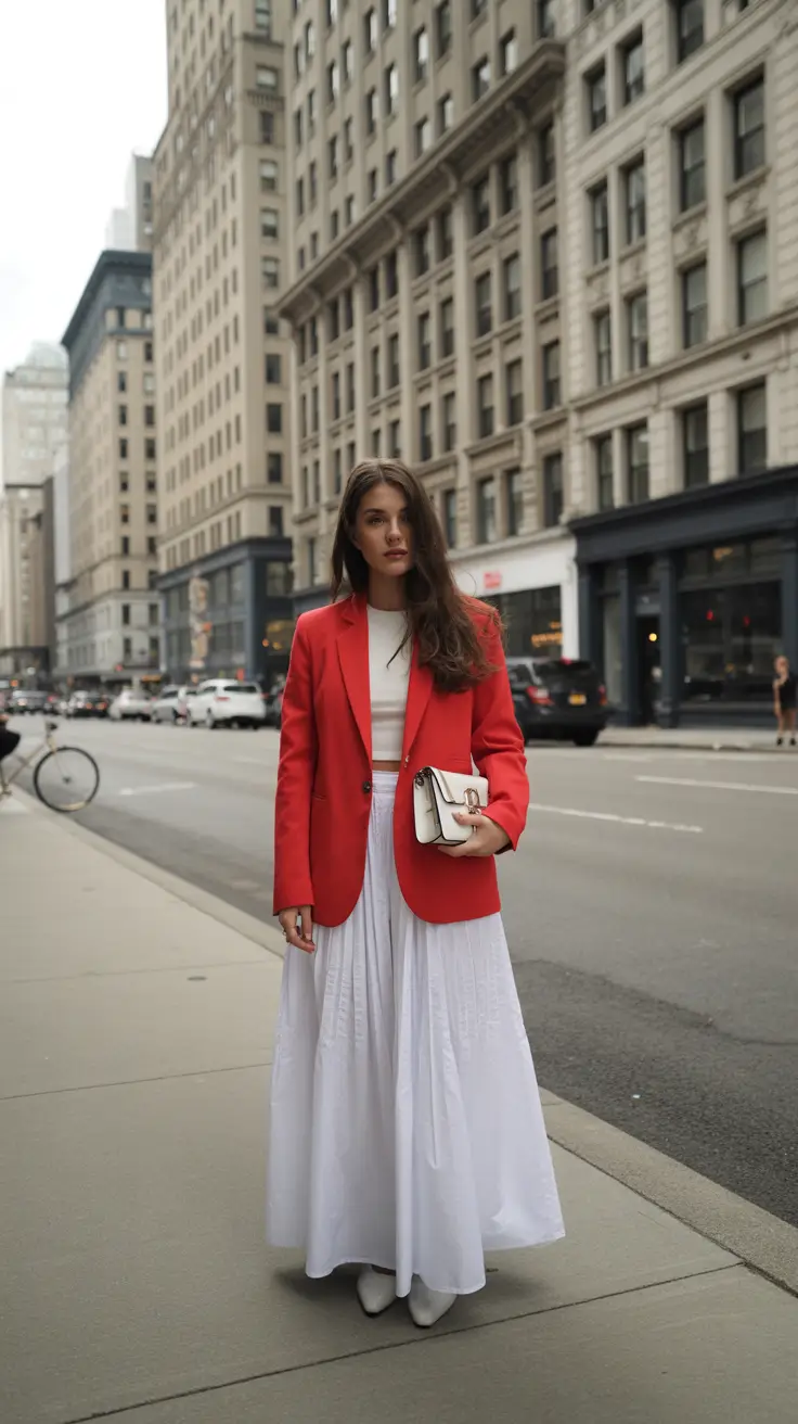 winter to spring outfits 2026 Red Blazer Elegance with a Floating White Skirt
