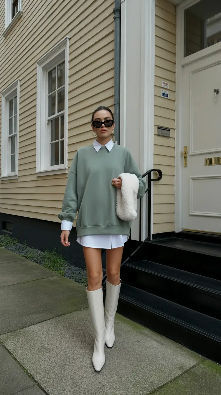 winter to spring outfits 2026 Minty Oversized Layers with Clean White Accents