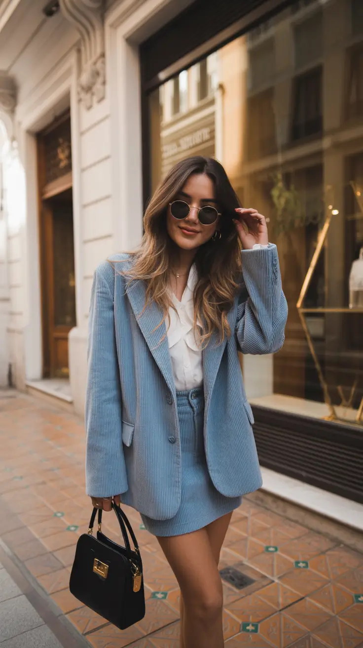 winter to spring outfits 2026 Corduroy Suiting in Cloud-Blue Tones