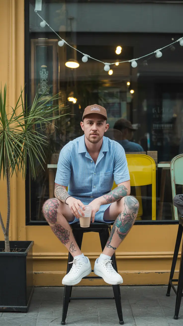 casual summer outfits men 2026 Retro Cafe Stripes and Creative City Ease