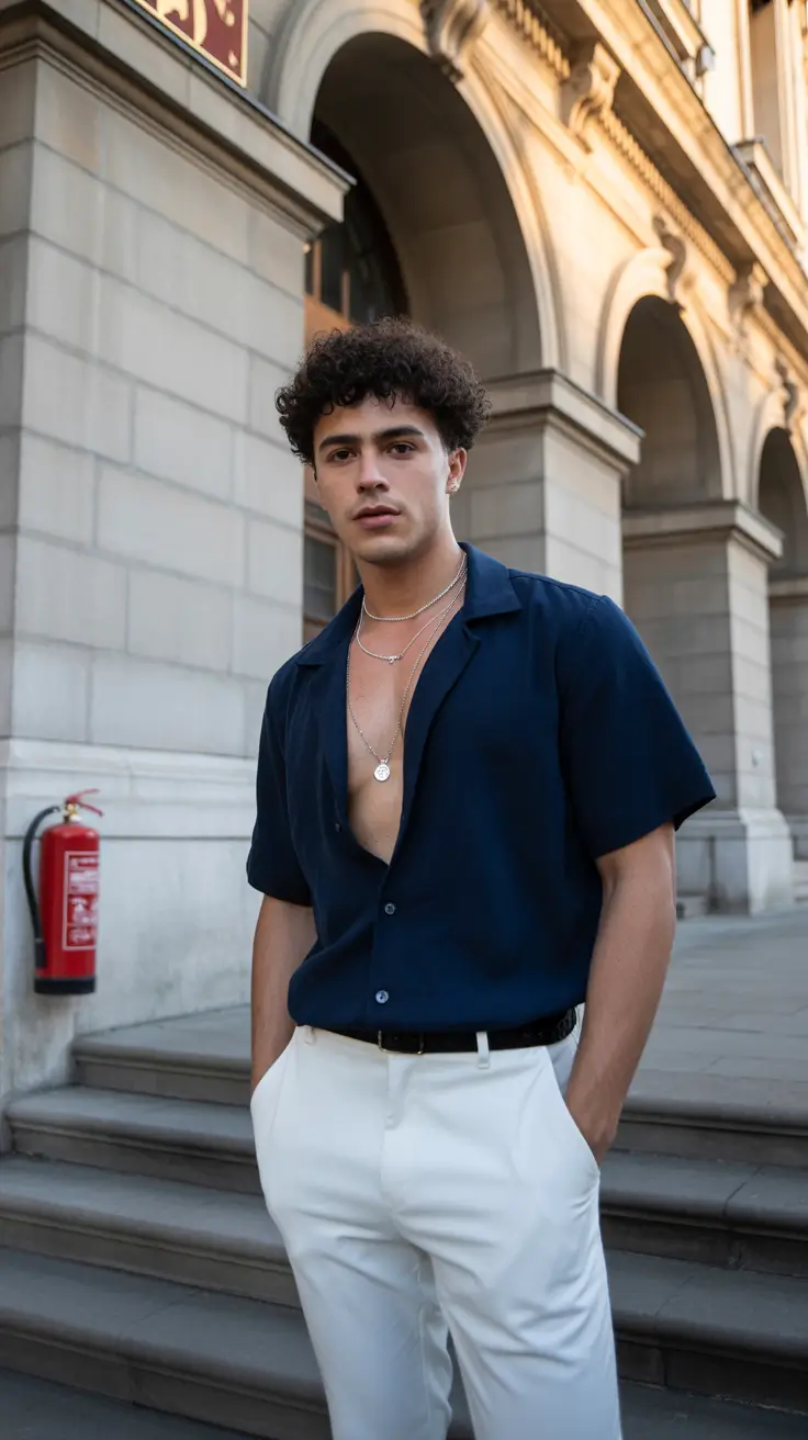 casual summer outfits men 2026 Midnight Short Sleeve Shirt and Urban Evening Presence