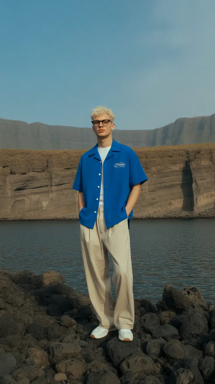 casual summer outfits men 2026 Coastal Blue Overshirt and Minimal Adventure Mood