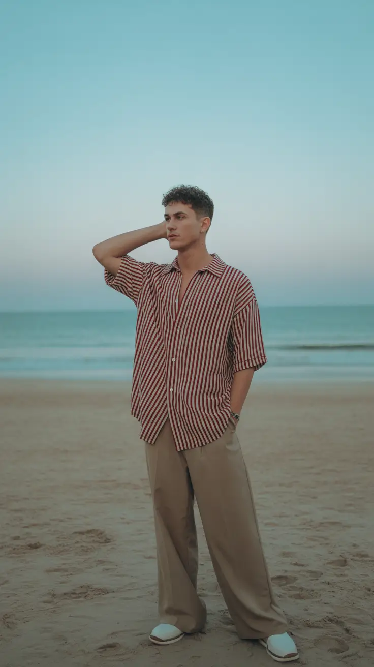 casual summer outfits men 2026 Relaxed Coastal Stripes and Beach Confidence
