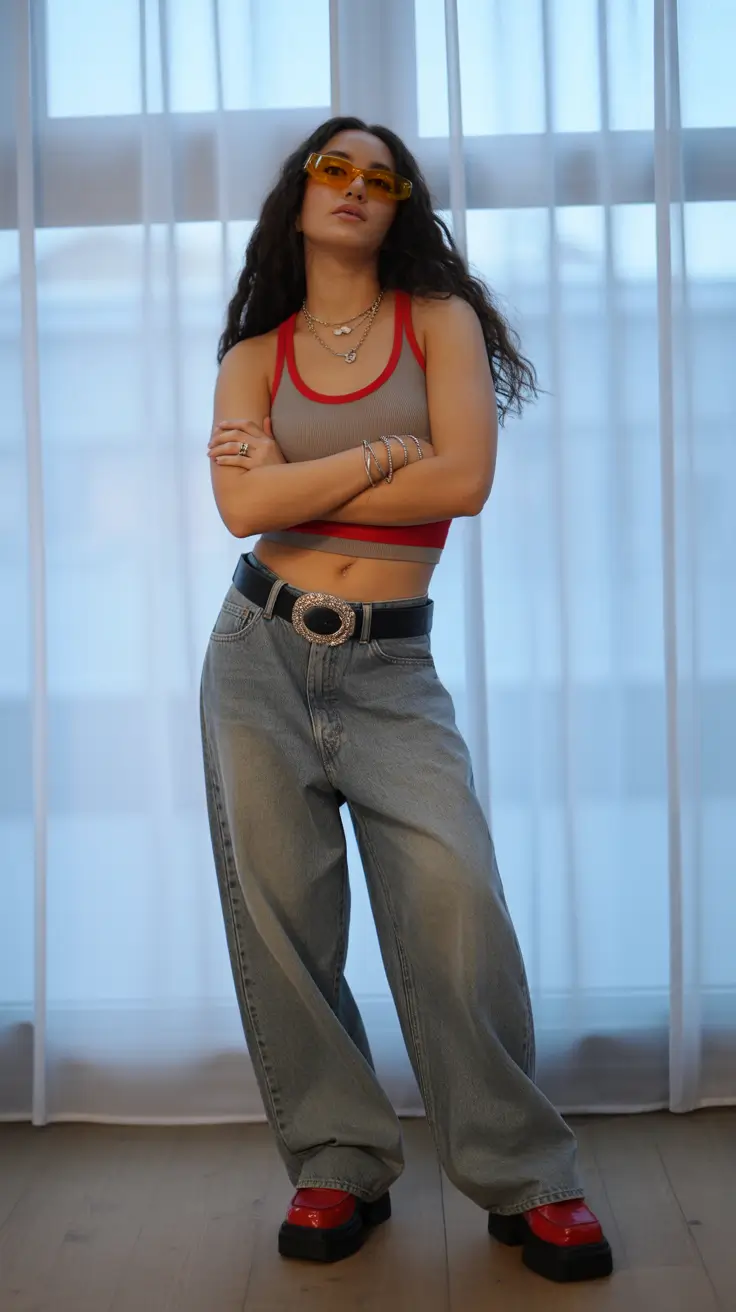 cute Y2K summer outfits 2026 Modern Y2K layering with bold accessories