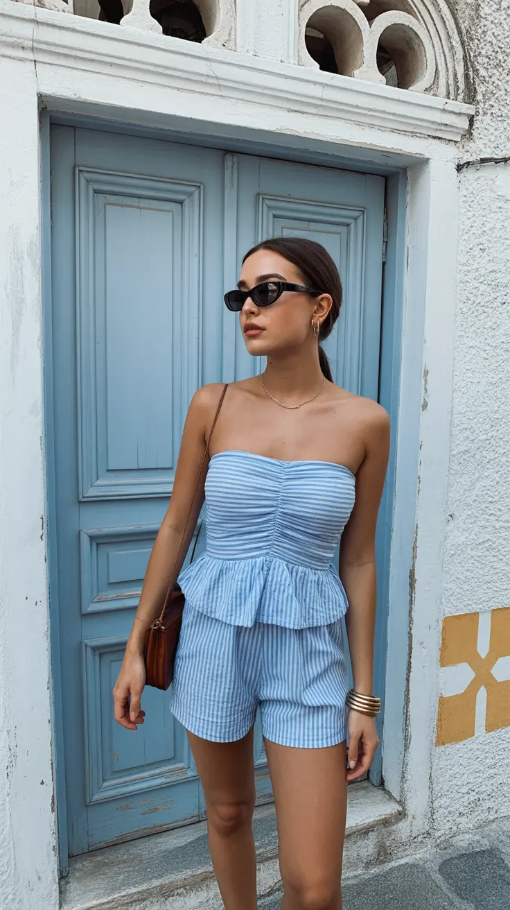 May outfits ideas 2026 Soft Blue Strapless Set for Coastal Days