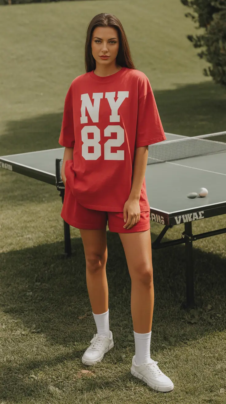 retro vintage summer outfits 2026 Sporty College Throwback in Bold Red