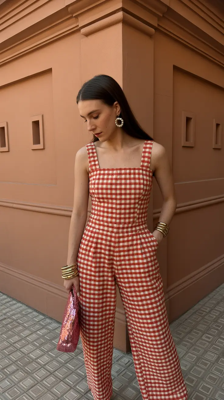 retro vintage summer outfits 2026 Gingham Jumpsuit and Effortless Picnic Nostalgia