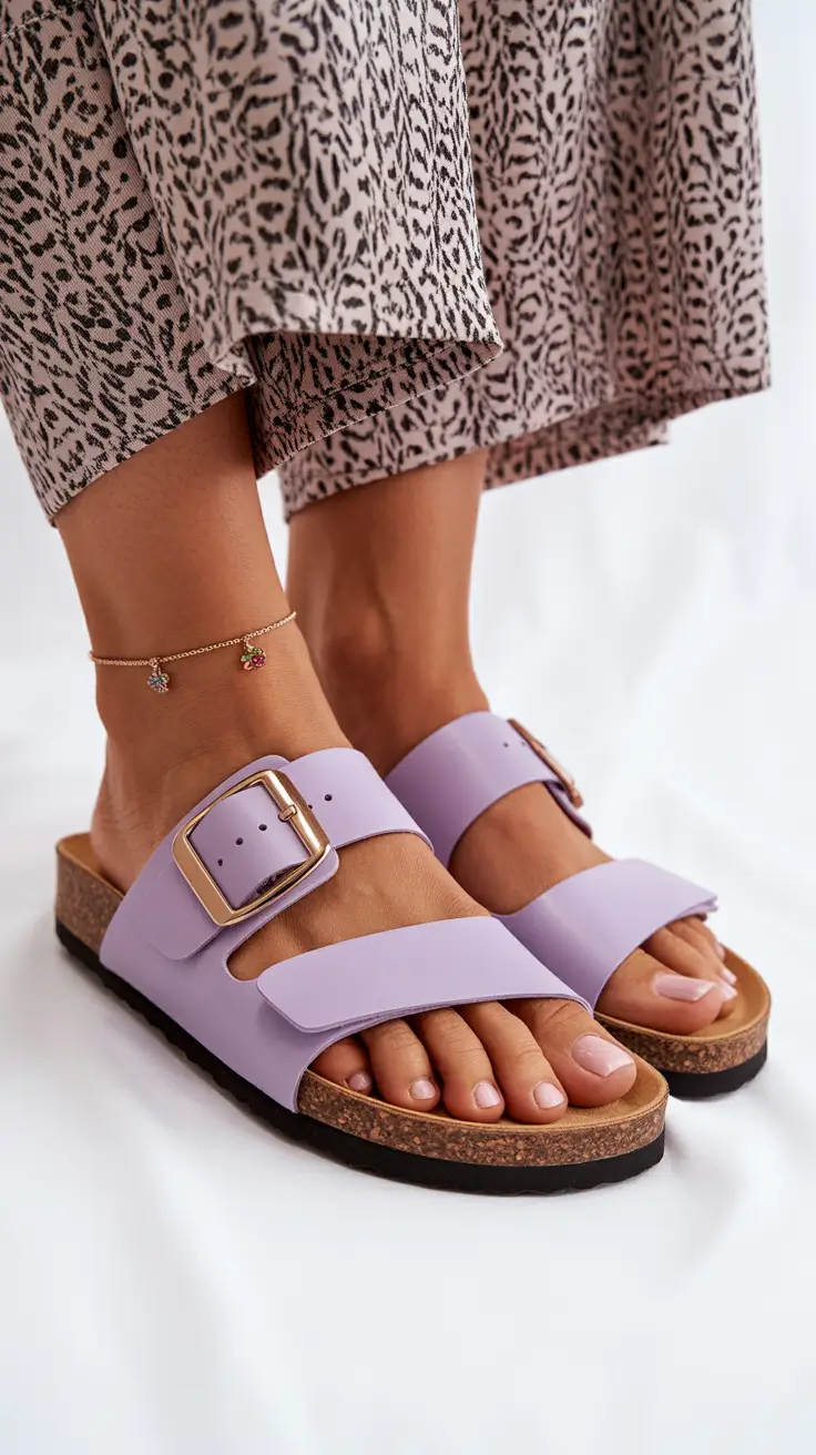 summer flip flops for women Soft Lavender Buckle Slides with Playful Elegance