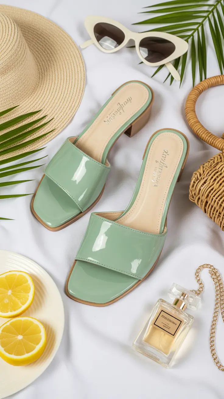 summer flip flops for women Glossy Mint Heeled Slides with Resort Glam Mood