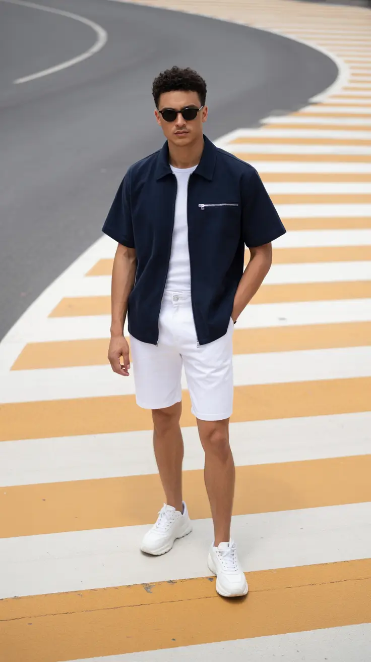 summer outfits fort men 2026 Urban Sport Minimalism in Navy and White