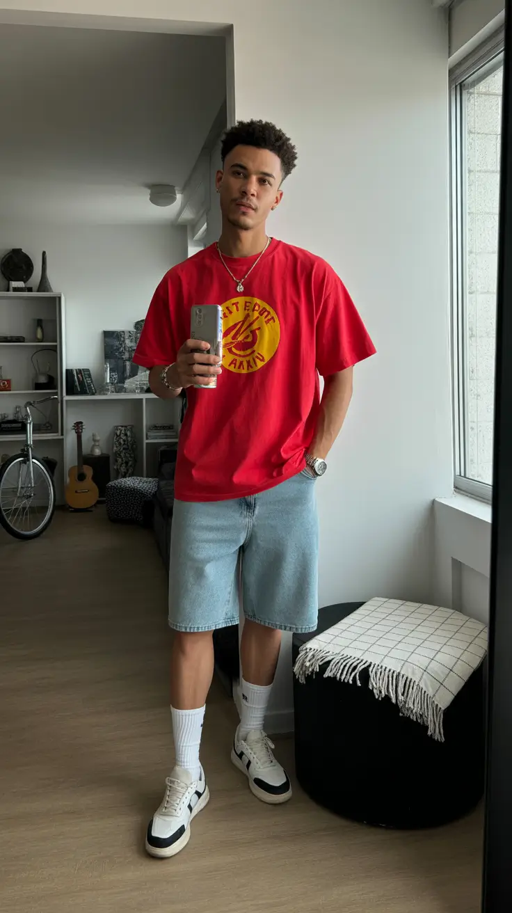 summer outfits fort men 2026 Bold Graphic Tee and Denim Revival