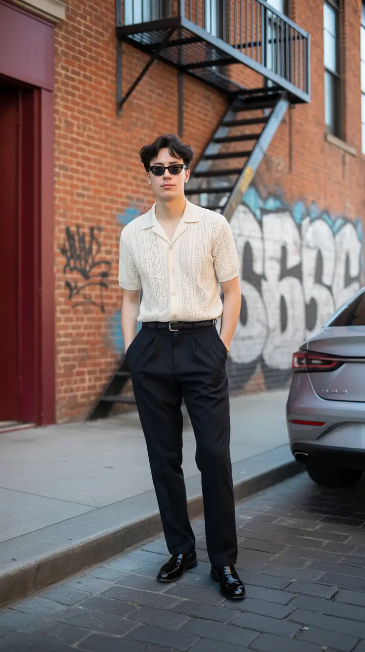 summer outfits fort men 2026 Textured Knit Polo with Tailored Urban Elegance