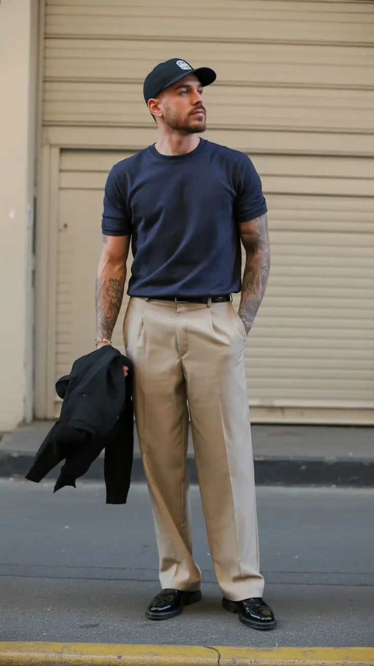 summer outfits fort men 2026 Minimal Navy Tee with Relaxed Beige Tailoring