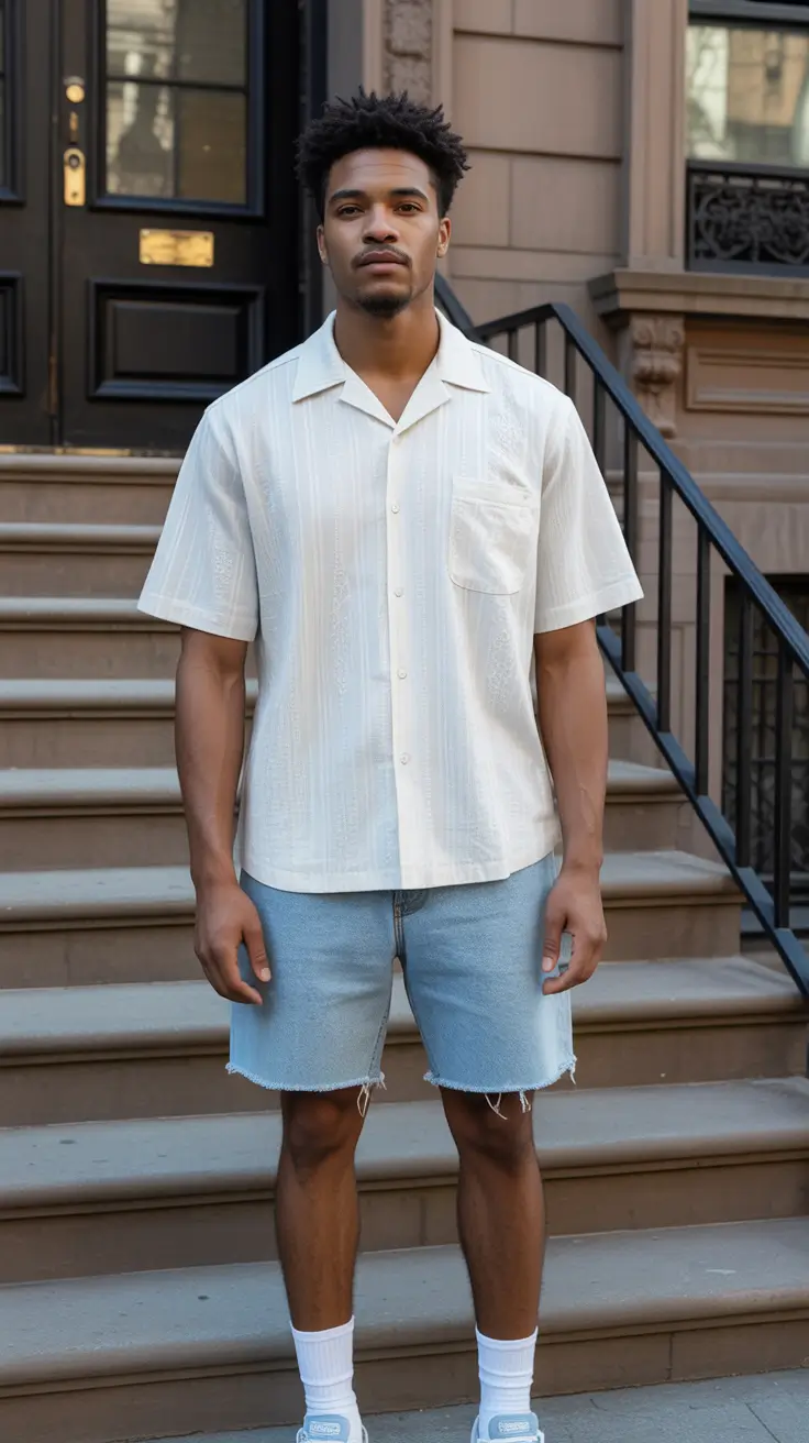 summer outfits fort men 2026 Relaxed Resort Shirt with Raw Denim Shorts Edge
