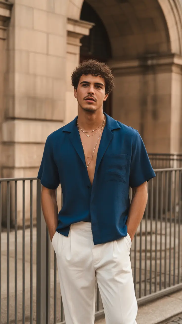 summer outfits fort men 2026 Deep Navy Open Collar for Urban Summer Nights