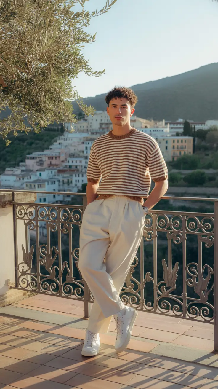 summer outfits fort men 2026 Striped Knit Nostalgia with Mediterranean Charm