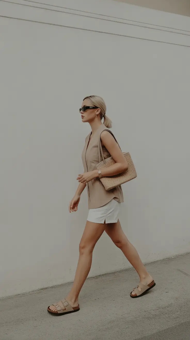 summer outfits with sandals for women 2026 Soft Minimal Neutrals with Classic Buckle Sandals