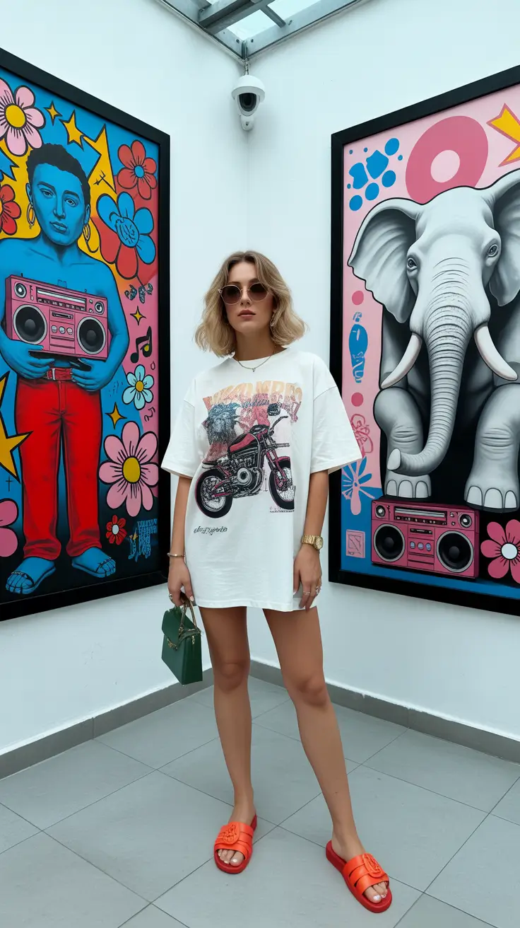 summer outfits with sandals for women 2026 Bold Pop Slides with Statement Tee Styling