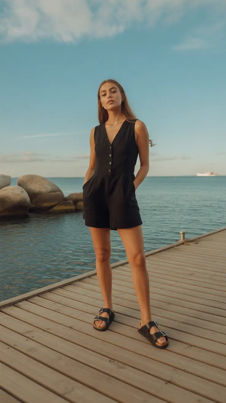summer outfits with sandals for women 2026 Black Romper and Double Strap Sandal Ease