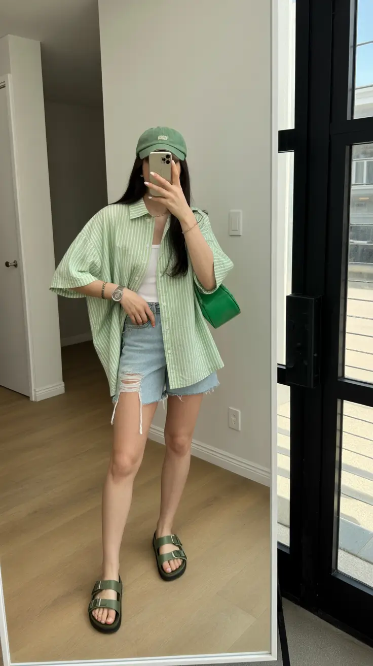 summer outfits with sandals for women 2026 Striped Oversized Shirt and Denim Shorts Freshness