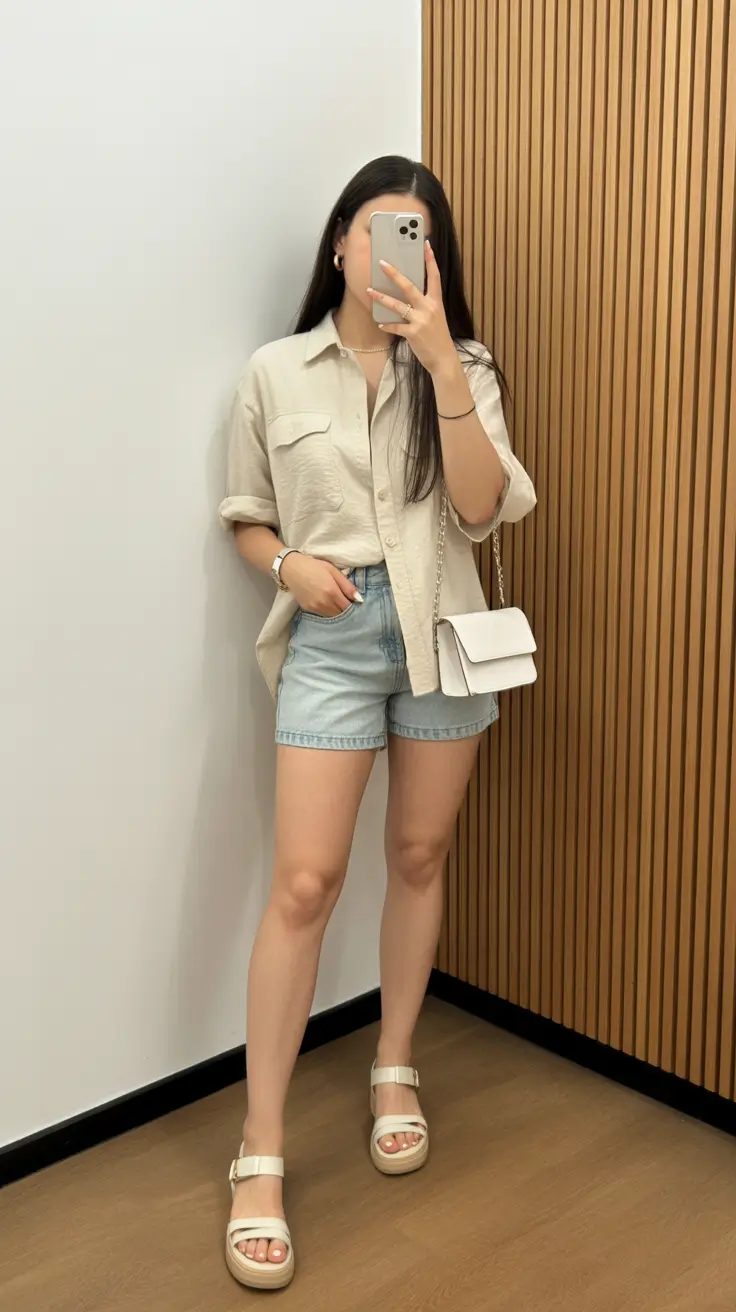 summer outfits with sandals for women 2026 Soft Neutral Shirt and Tailored Denim Shorts Simplicity