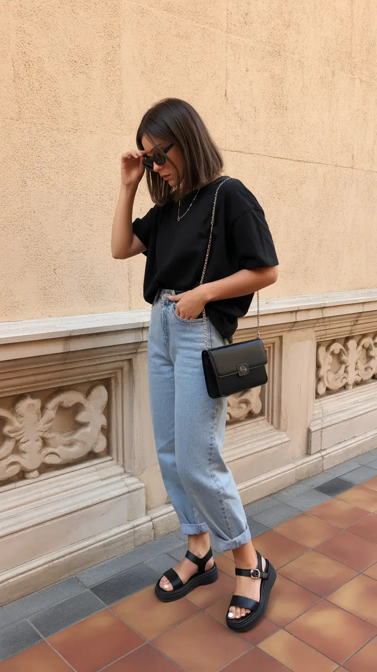 summer outfits with sandals for women 2026 Minimal Tee and Light Denim Balance