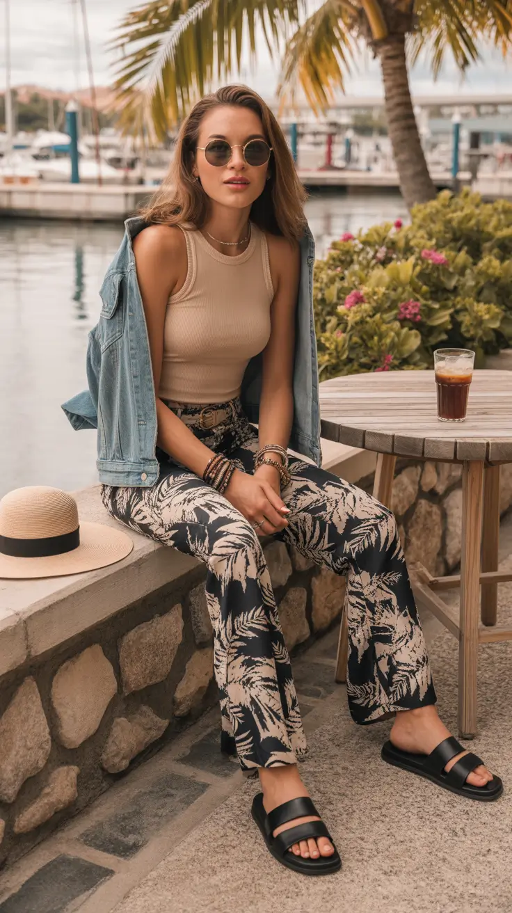 summer outfits with sandals for women 2026 Resort Denim Jacket and Printed Pants Mix