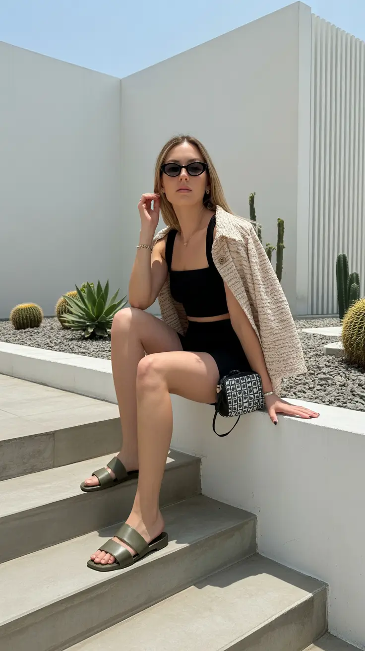 summer outfits with sandals for women 2026 Black Bike Shorts and Textured Shirt Contrast