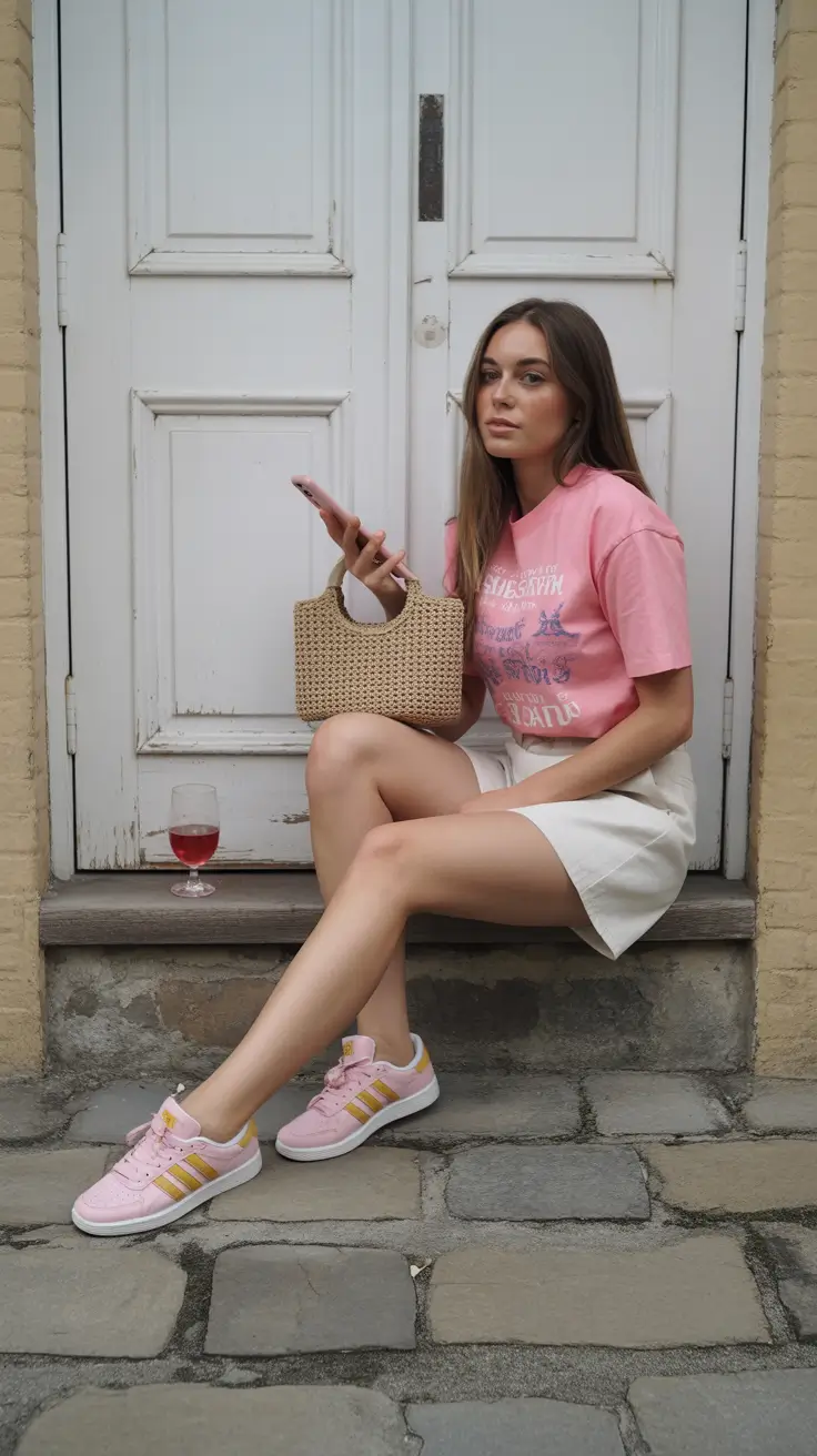 summer outfits with sneakers for women 2026 Soft Pink and Cream for That Easy Feminine Finish