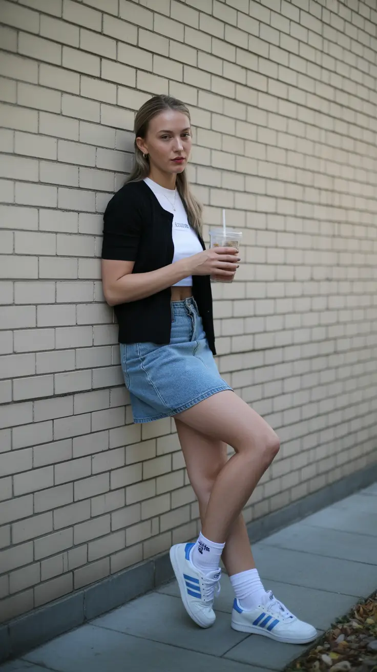 summer outfits with sneakers for women 2026 That Classic Denim Mini and Clean Sneaker Combo