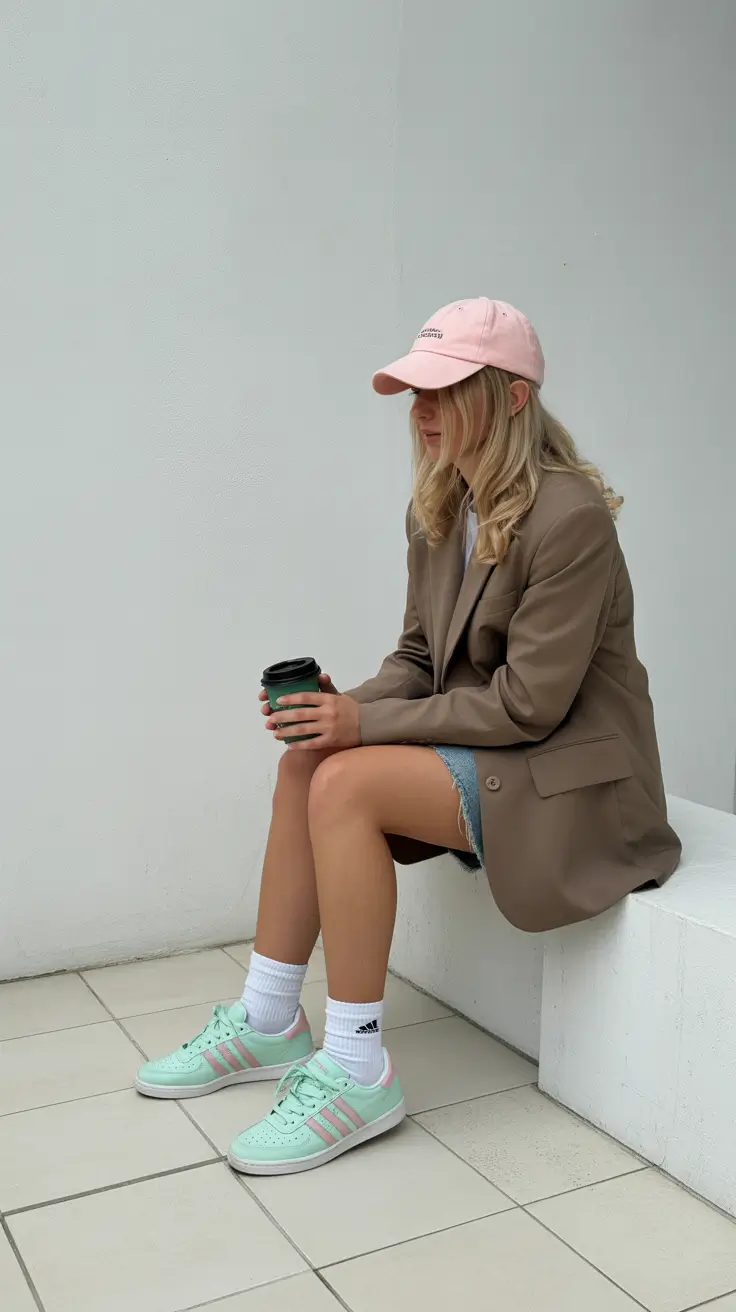 summer outfits with sneakers for women 2026 Blazer Cap and Sneakers The New Casual Power Mix