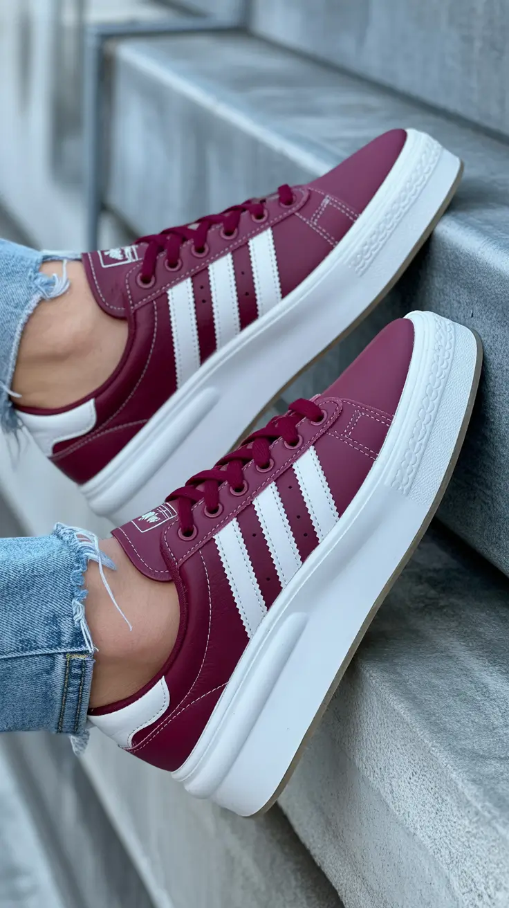 summer outfits with sneakers for women 2026 Burgundy Sneakers That Add Depth to Everyday Looks