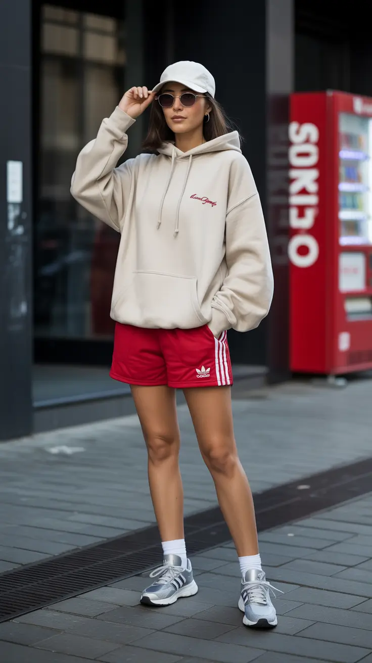 summer outfits with sneakers for women 2026 Sporty Layers with a Pop of Red Energy