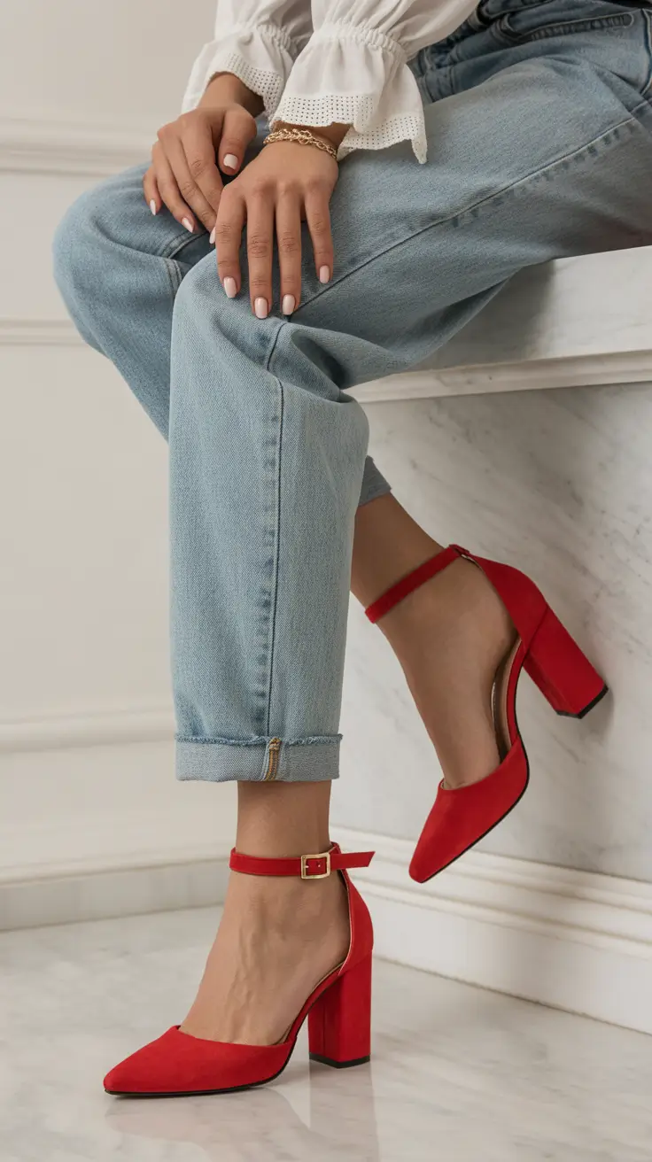 summer outfits with heels for women 2026 Denim Ease with a Bold Color Twist
