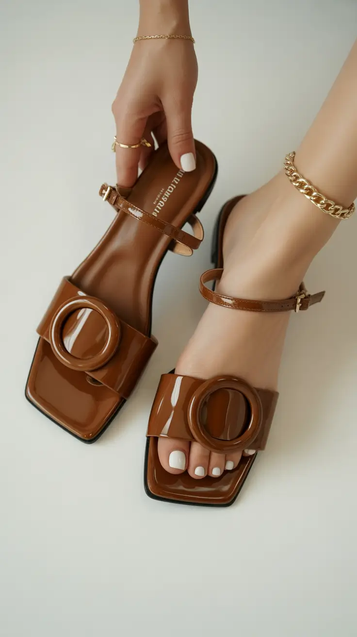 summer slides for women Glossy Browns and Sculpted Details