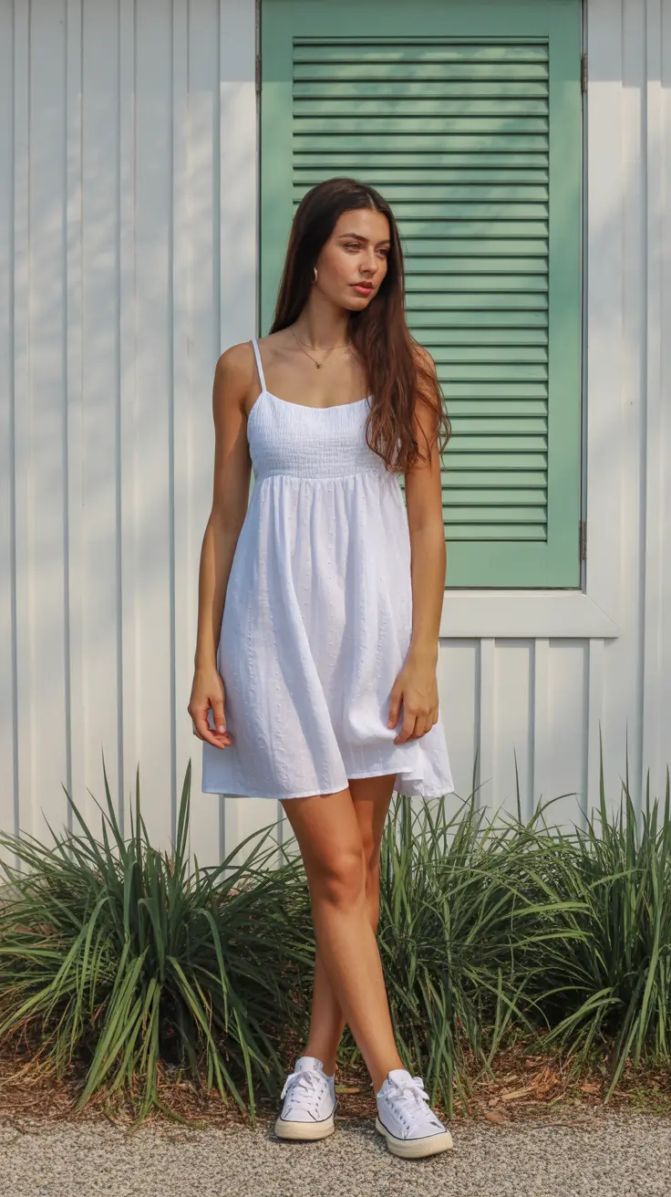 teen girls summer outfits 2026 Simple White Dress and Sneakers Minimal Glow