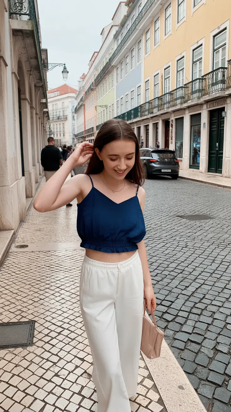 teen girls summer outfits 2026 Navy Crop Top and Wide-Leg Lightness