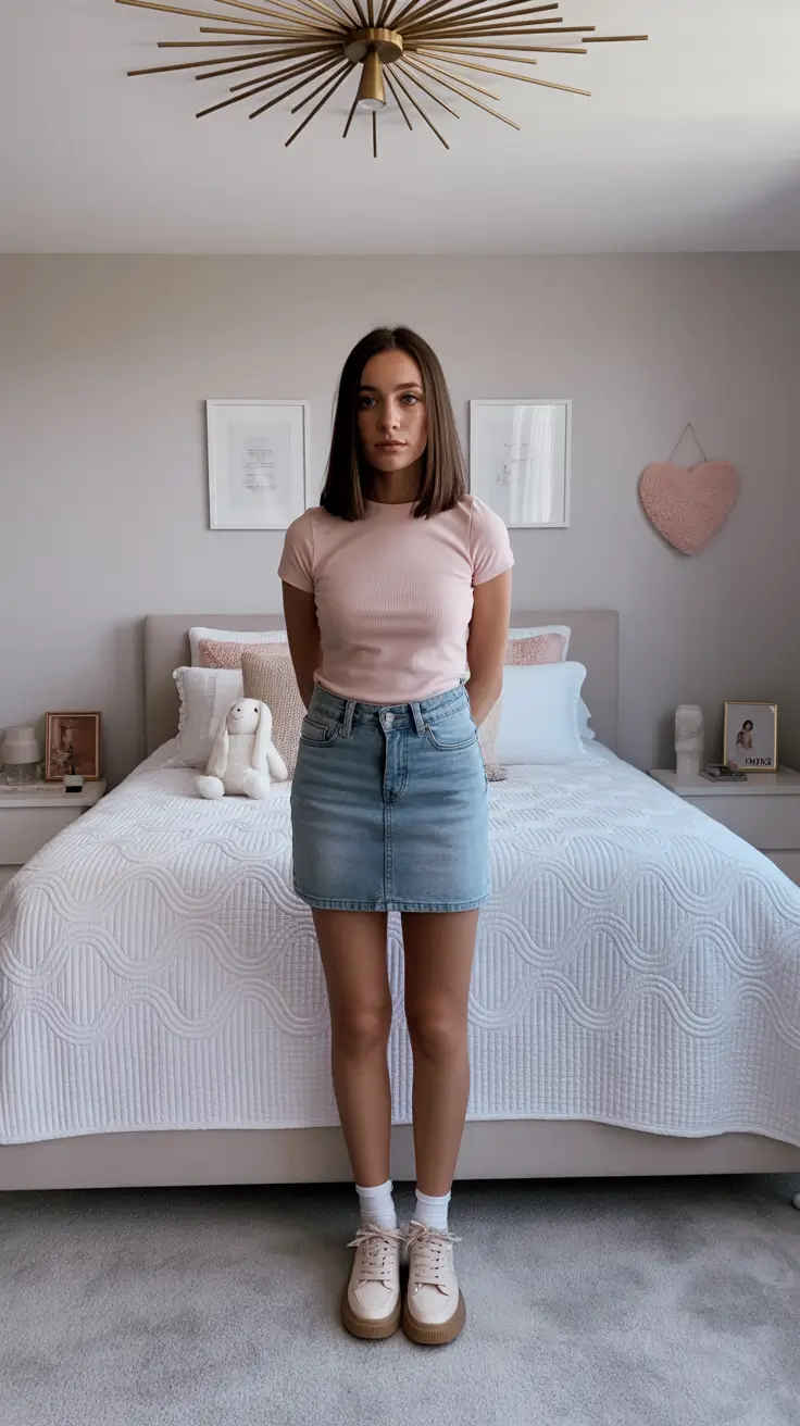 teen girls summer outfits 2026 Minimal Tee and Denim Mini Everyday Classic