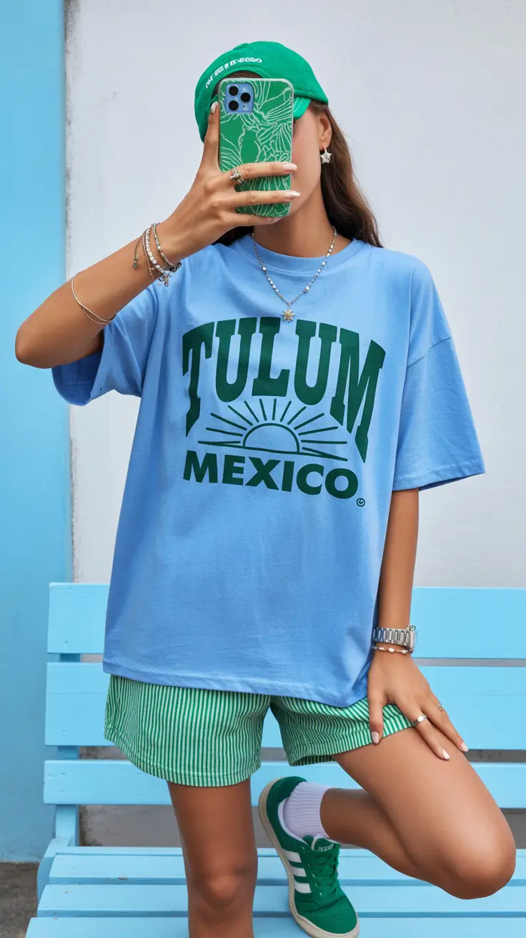 teen girls summer outfits 2026 Oversized Graphic Tee and Sporty Stripes Mood