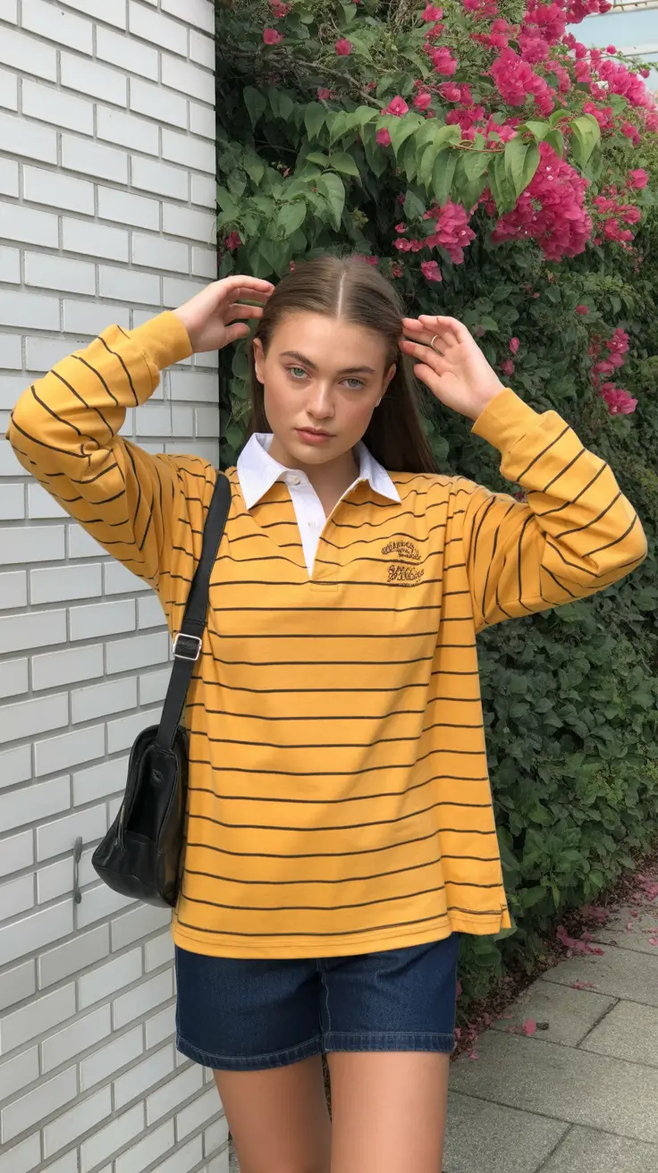 teen girls summer outfits 2026 Striped Long Sleeve and Denim Shorts Contrast