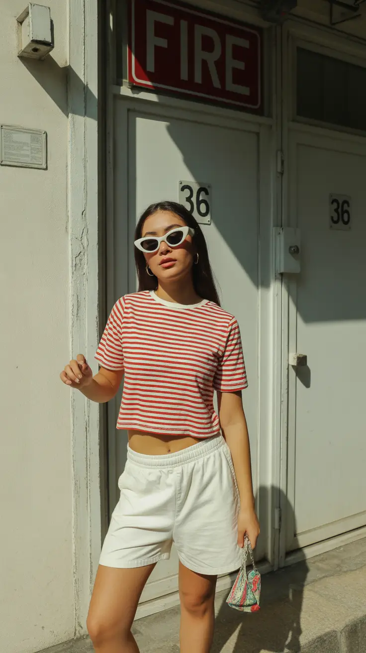 teen girls summer outfits 2026 Cropped Stripes and Relaxed Shorts Street Glow