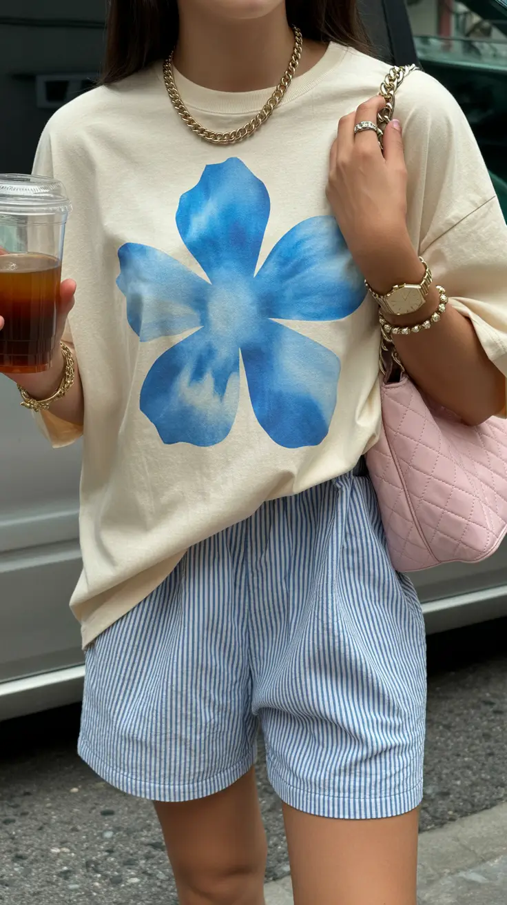 teen girls summer outfits 2026 Graphic Tee and Striped Shorts Everyday Cool