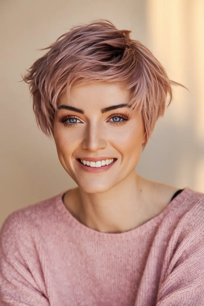 pixie haircuts for summer Soft Textured Pixie with Dusty Rose Vibes